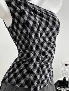 Elamini Áo hai dây cổ yếm họa tiết kim cương xếp ly Y2K dành cho nữ - Màu xanh hải quân - Xem 3