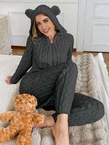SHEIN Women's Animal Hooded Teddy Bear Embroidery Jacquard Plush Fluffy Pajamas Jumpsuit, Winter, Cozy - Grey - View 4