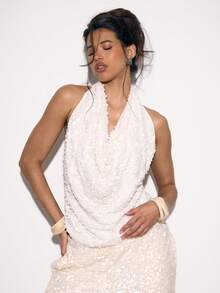 MUSERA Cowl Neck Sleeveless Sequin Drape Top Winter Going Out Casual Cute Sexy Night Out Party Cool Allure - White - View 1