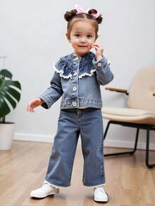 Baby Girls 2 Pieces Denim Set, Cute & Fashionable Light Blue Denim Jacket With Ruffle Collar And Loose Straight Leg Jeans With Floral Hem Fall Winter - Light Wash - View 6