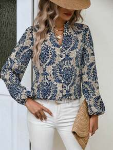 EMERY ROSE 滿版印花燈籠袖前紐扣襯衫 - 杏色 - 查看 3