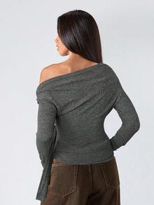 LYSMO 女士优雅通勤灰色不对称系带领 T 恤露肩裹身上衣，适合商务休闲、返校、毕业、街头服饰和斯德哥尔摩风格返校、秋季上衣 - 灰色 - 查看 2