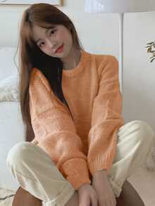 DAZY 秋冬休闲纯色落肩毛衣 - 珊瑚橙 - 查看 5