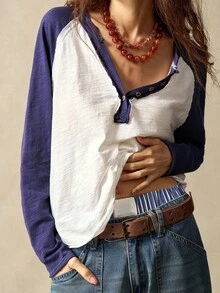 Bohemela Women's Casual Knit Color Block Half-Zip T-Shirt