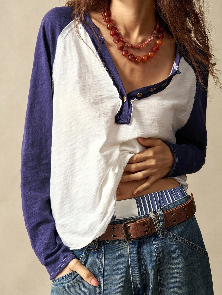 Bohemela Women's Casual Knit Color Block Half-Zip T-Shirt