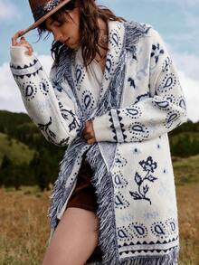 Bohemela 秋冬女士休闲复古提花流苏边饰波西米亚风简约长袖开襟毛绒复古宽松针织衫，西部乡村风格，适合度假、日常穿着、返校季、万圣节、圣诞节等场合。 - 彩色 - 查看 9