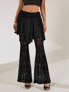 Franclia Pantalones de encaje con cintura con cordón, bajo asimétrico y pierna acampanada, adelgazantes, para Halloween, fiestas y vacaciones - Negro - Ver 3