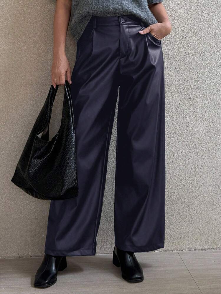 Women's Casual Solid Color PU Leather Wide Leg Pants, Autumn