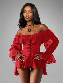 MISSGUIDED Off Shoulder Chiffon Ruffle Bodysuit With Lace Up Corset Detail Long Sleeve - Red - View 3