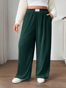SHEIN EZwear 大码女式高腰宽松灯芯绒裤，带口袋和贴片设计，适合校园、日常穿着和室内工作，秋冬季，深绿色 - 墨綠色 - 查看 3