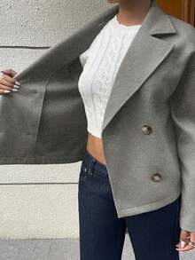 SHEIN Unity 杏色双面缺角领短款大衣，双排扣，带口袋，长袖，时尚百搭，适合通勤、办公、休闲、优雅、复古、学术、日常、约会等场合，女士秋冬款 - 灰色 - 查看 8