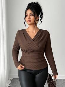 Dazy Plus V-Neck Ribbed Tight Fitted Long Sleeve Plus Size Women Cropped T-Shirt, Spring/Autumn - Brown - View 5