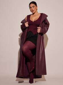 SHEIN BAE Plus Size Fashionable PU Leather Notched Collar Double-Breasted Windbreaker, Autumn, Winter , Winter For Women Curve, Autumn , Fall For Women Curve, Halloween Costumes, Christmas Women's , New Year For Women Curve, Thanksgiving For Women Curve, PU Leather Windbreaker Long Windbreaker Windproof Cold-Proof Warm