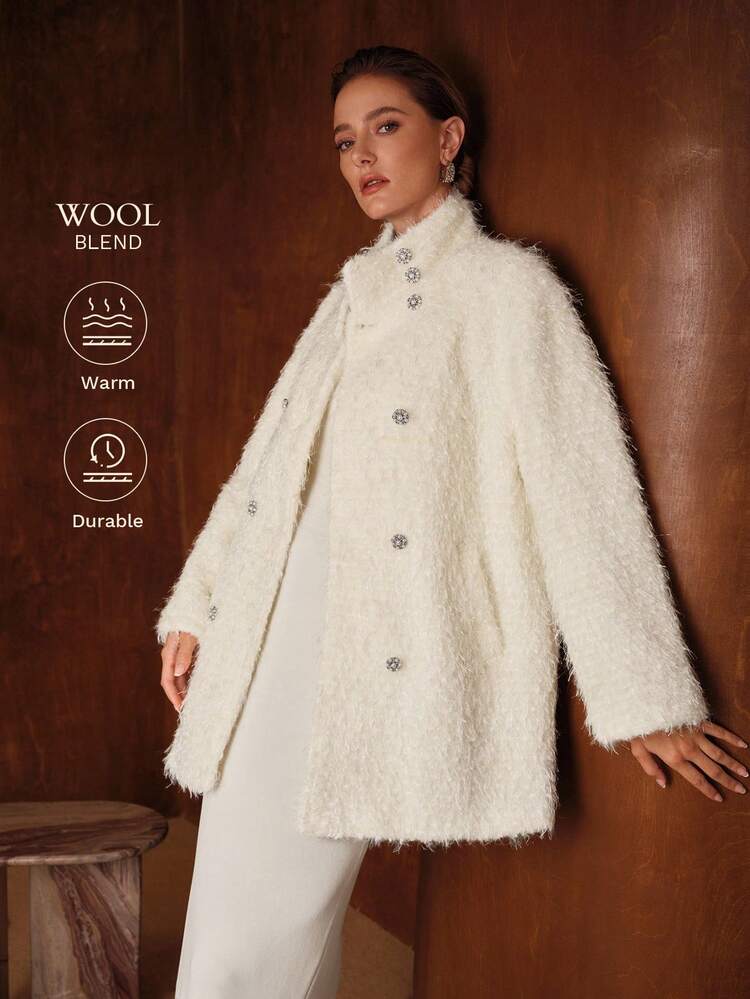 WOOL FAUX PEARL BUTTON OVERCOAT, AUTUMN/WINTER
