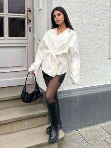 SHEIN EZwear 大码纯色系带休闲时尚白色大衣白色裹身开衫系带开衫白色和服开衫秋冬 - 白色 - 查看 3
