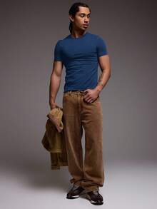 Musero 男士短袖修身圆领纯色T恤，四季必备，春夏胶囊系列 - 藏蓝色 - 查看 5