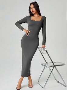 SHEIN PETITE 秋装纯色方领紧身黑色长袖连衣裙 - 深灰色 - 查看 5