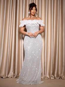 Cravure Đầm dạ hội dự tiệc viền bèo nhún thanh lịch cỡ lớn dành cho nữ - Bạc - Xem 8