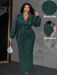 Maweii 大码女式优雅亮片深V领长袖连衣裙 女式长裙 雪花、拐杖糖、冬青、圣诞节 - 綠色 - 查看 1