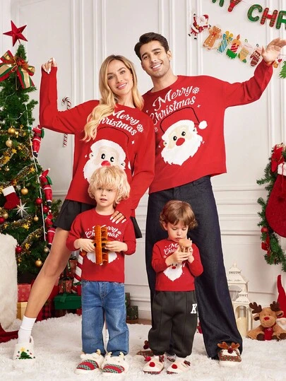 SHEIN LUNE 女士休闲圣诞图案亲子毛衣套头衫，可爱圣诞毛衣，红色圣诞毛衣，丑陋圣诞毛衣，母女圣诞毛衣，女士圣诞毛衣，圣诞节