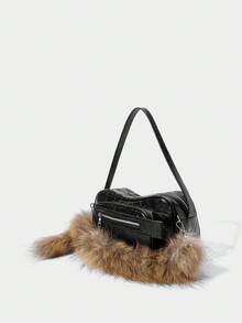 SHECARRY Sac à épaule pour femmes, sac Hobo, en PU, noir, à la mode, personnalisé, simple, polyvalent, de rue, doux et cool pour les filles, les filles branchées, Y2K, pour le trajet, le bureau, les rendez-vous, le quotidien, les courses, le thé de l'après-midi (Charm de sac en peluche) - Noir - Voir 3