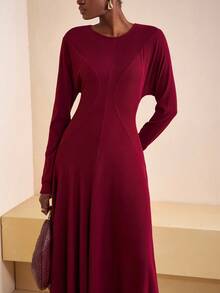 Zivah Women's Burgundy Elegant Long Sleeve Super Long Dress For Autumn,Matte Knitted Round Neck Umbrella Hem Base Dress For Dining,Party,Cruise,Commuting - Burgundy - View 1