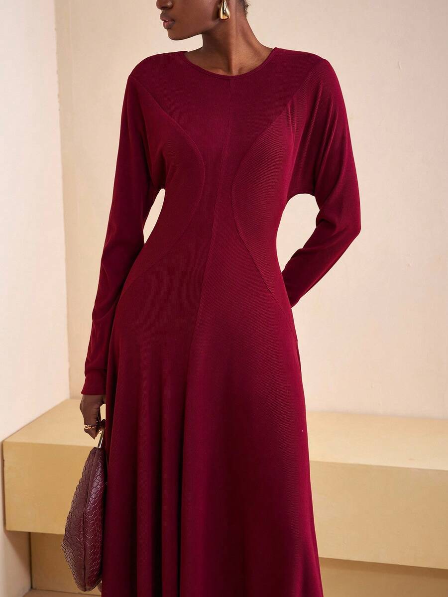 Zivah Women's Burgundy Elegant Long Sleeve Super Long Dress For Autumn,Matte Knitted Round Neck Umbrella Hem Base Dress For Dining,Party,Cruise,Commuting - Burgundy - View 1
