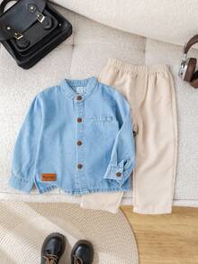 SHEIN 2 件套男婴秋冬休闲牛仔夹克、牛仔衬衫、灯芯绒裤子套装，适合生日派对、狂欢派对、晚会、表演、婚礼、满月庆祝、洗礼和 1 岁生日