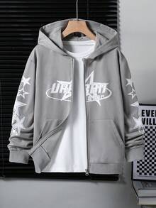 PAVTROS Boys' Star Print High Street Zip-Up Hooded Jacket Fall Winter - Light Grey - View 3