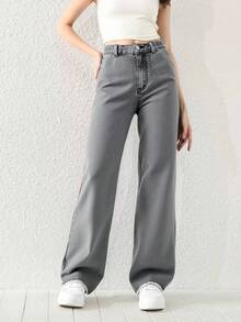 Plus 女童休闲基本款舒适优雅清新宽松阔腿学院风纯白色牛仔裤 - 灰色 - 查看 5