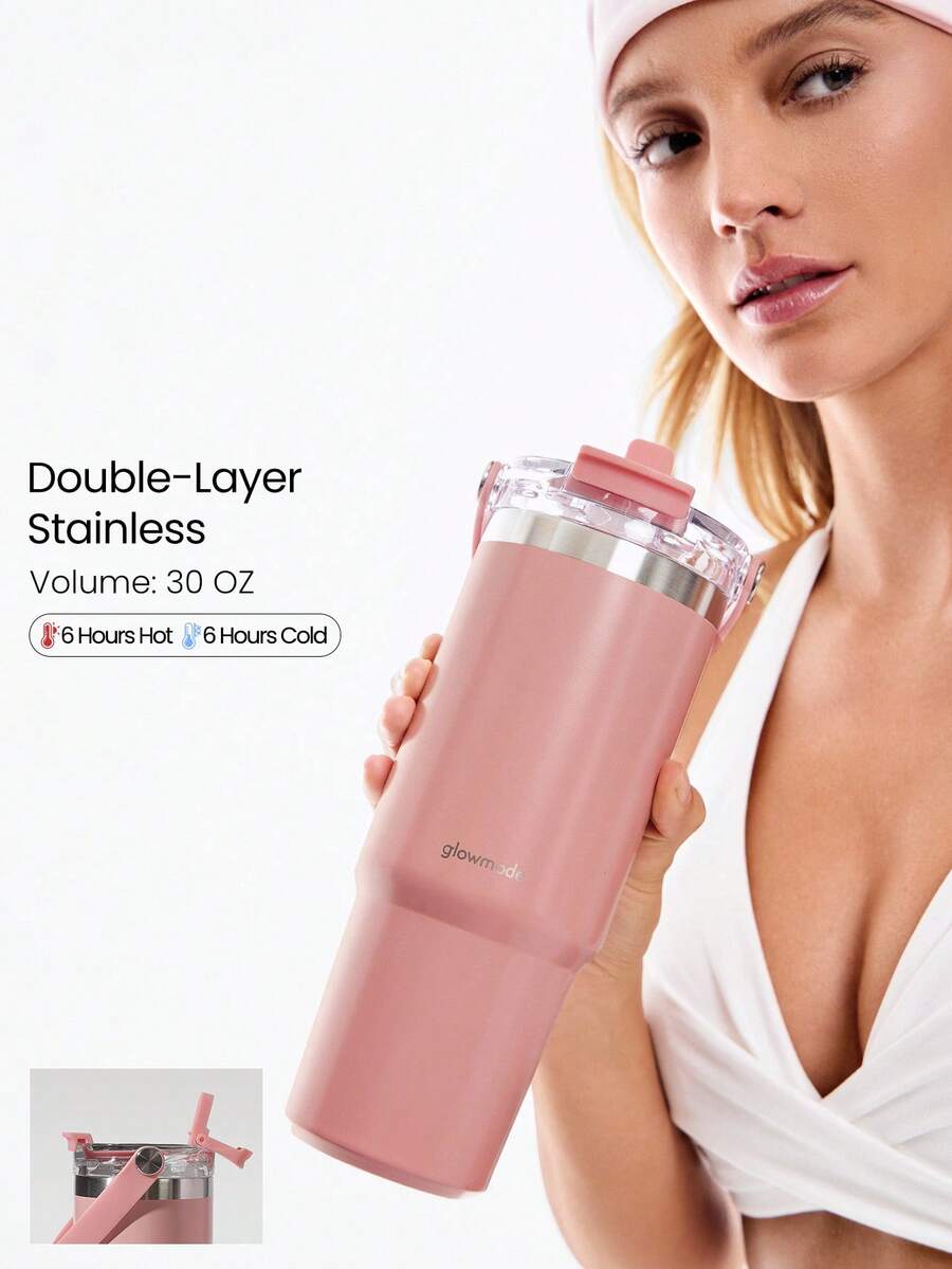 GLOWMODE 30  OZ  Easy  Sipper  Stainless  Steel  Double-Insulated  Scratch-Resistant  Flip  Straw  Portable  Handle  Beverage  Tumbler  Gym  Studio  Travel  Hiking  Office  Outdoors  Active  Daily  Casual  Valentine's  Day - Pink - View 1