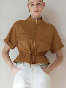 Aveloria Modichic Áo sơ mi ngắn tiện dụng thời trang, có hai túi ngực đối xứng, thiết kế thắt eo, tổng thể gọn gàng và thiết thực - Cà phê nâu - Xem 6