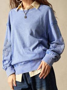 Bohemela Women's Casual Solid Color Knit Crew Neck Loose Washed Sweatshirt - Blue - View 3