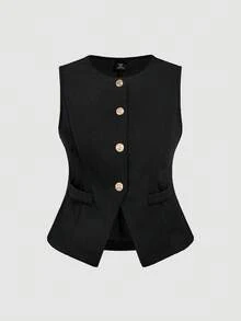 SHEIN MOD 大码女式黑色无袖上衣，收腰设计，搭配阔腿裤，适合上班穿着 - 黑色 - 查看 2