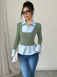 Elenzga French Stylish 2 In 1 Collared T-Shirt With Contrast Panel, New Design Niche For Spring & Autumn Graphic Tees Women Tops - Army Green - View 6