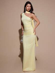 SHEIN BAE 不对称褶饰紧身网眼连衣裙，优雅性感正式礼服，适合派对、婚礼、生日、圣诞节、万圣节 - 浅黄色 - 淡黃色 - 查看 4