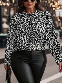 EMERY ROSE Áo sơ mi nữ cổ đứng tay bồng họa tiết da báo cỡ lớn thanh lịch cổ điển thường ngày, thu/đông - Nhiều màu - Xem 1