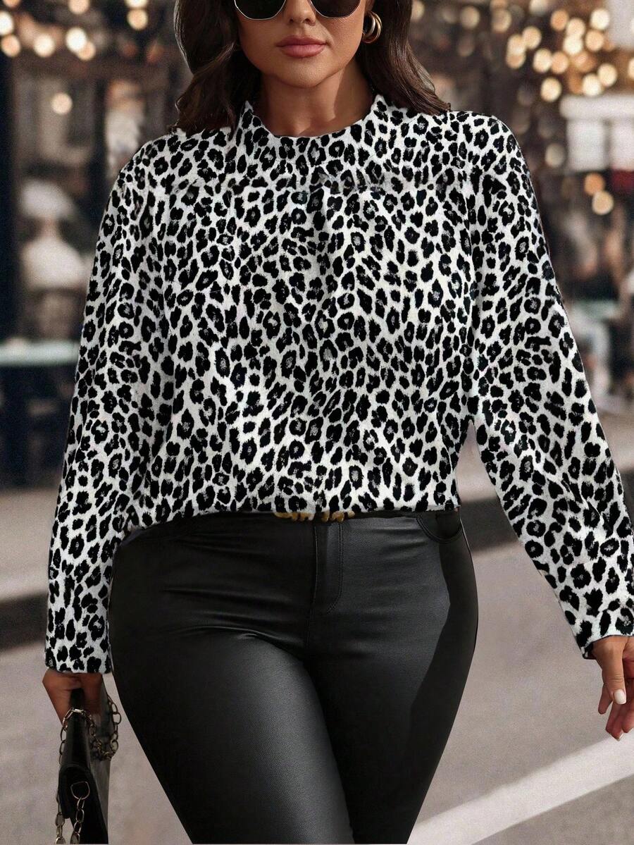 EMERY ROSE Áo sơ mi nữ cổ đứng tay bồng họa tiết da báo cỡ lớn thanh lịch cổ điển thường ngày, thu/đông - Nhiều màu - Xem 1