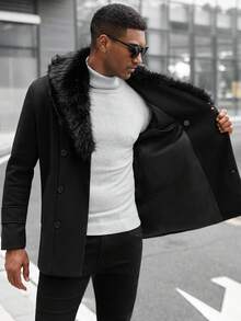 Manfinity CasualCool 男士休闲长袖毛领大衣，秋冬季男士休闲毛领大衣，双排扣设计，保暖性强，面料质地优良，款式百搭，是秋冬季必备单品，也是送给男友和丈夫的完美节日礼物。 - 黑色 - 查看 6