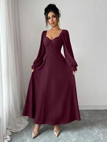 SHEIN LUNE 女士优雅方领泡泡袖收腰长裙，适合日常通勤 - Bold Plum - 查看 7