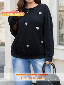 SHEIN LUNE Plus Size Casual Floral Embroidery Round Neck Drop Shoulder Sweatshirt, Autumn/Winter Plus Size Casual Long Sleeve Embroidered Snowflake Washed Loose Fit Crew Neck Pullover Sweatshirt,Fall Clothes For Women Winter Autumn Women Long Sleeve Tops Winter Tops For Women Plus Size Sweatshirts Tops For Women Plus Full Sleeve Tops,Black Top,Winter Clothes For Women,Christmas Outfit For Women,Christmas Jumper,Christmas Women's Clothing,New Year Outfit,Clothes For New Year,Thanksgiving Outfit For Women,Casual Daily Wear,Everyday Commute & Outdoor Essential,Commute,Minimalist,Simple Women Tops,Office Siren Style Outfits