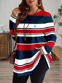 EMERY ROSE تي شيرت بياقة دائرية مقاس كبير، بتصميم ألوان متباينة وخطوط، موسم الخريف/الشتاء