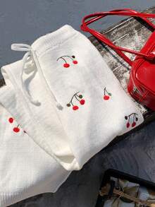 Comfortcana 女士休闲樱桃刺绣针织裤，秋冬 - 白色 - 查看 6