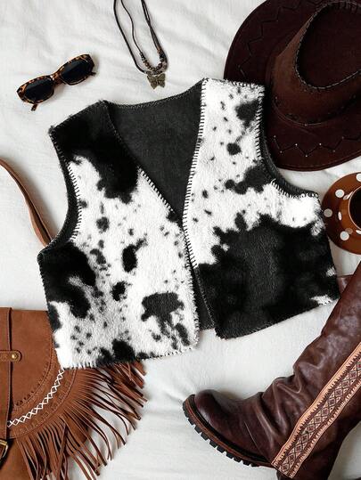 Comfortcana Women's Retro Western Style Cow Print Front Open Thin Sleeveless Vest In Fall/Winter Cow Print Outfit Women Rodeo Outfit Cowgirl Vest Western Wear Women Outfit Western Vest