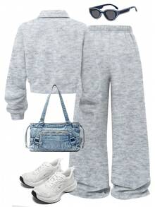 SHEIN 2pcs Women Autumn/Winter Set, Heather Gray Stand Collar Zip-Up Hoodie & Matching Long Sleeve Sweatpants With Graphic Print, Comfortable Casual Matching Mother-Daughter Outfits