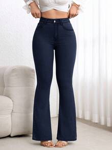 Flexra 女式高腰口袋休闲喇叭牛仔裤 - 寶藍色 - 查看 8