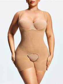 SHAPORA 大码女式无缝露胸收腹裆部紧身衣 - 杏色 - 查看 5