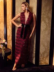 MOTF Soiréza WOMEN'S DEEP V-NECK SEQUIN FRINGE ELEGANT DRESS - Burgundy - View 2