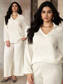 Roveilla Conjunto de 2 piezas de top de manga larga y pantalones de punto elegante y casual en estilo francés para mujer de talla grande - Albaricoque - Ver 9