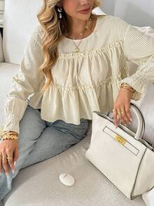 Serisse Áo sơ mi sọc nữ thường ngày, mùa thu, áo sơ mi dài tay cổ tròn, họa tiết sọc màu đào kiểu Pháp, thoải mái, phù hợp cho các buổi đi chơi ngày lễ, mua sắm và du ngoạn mùa xuân. Thích hợp để mặc bên trong các trang phục khác, mặc trong Lễ Tạ ơn dành cho nữ, mặc trong dịp năm mới dành cho nữ. - Màu be - Xem 7